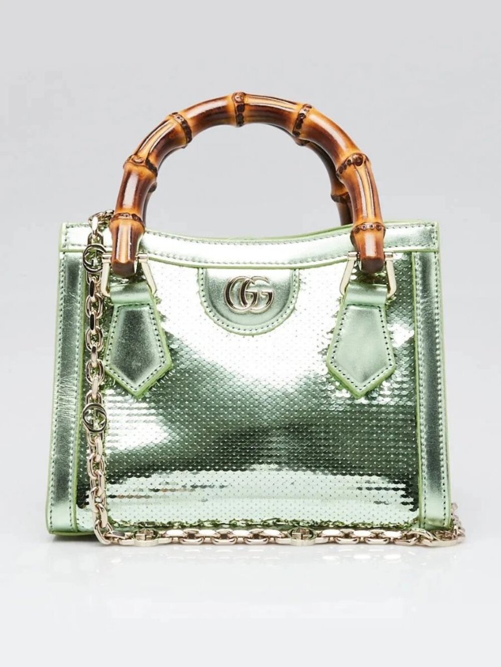 Gucci Green Metallic Leather and Sequin Mini Diana Tote Bag